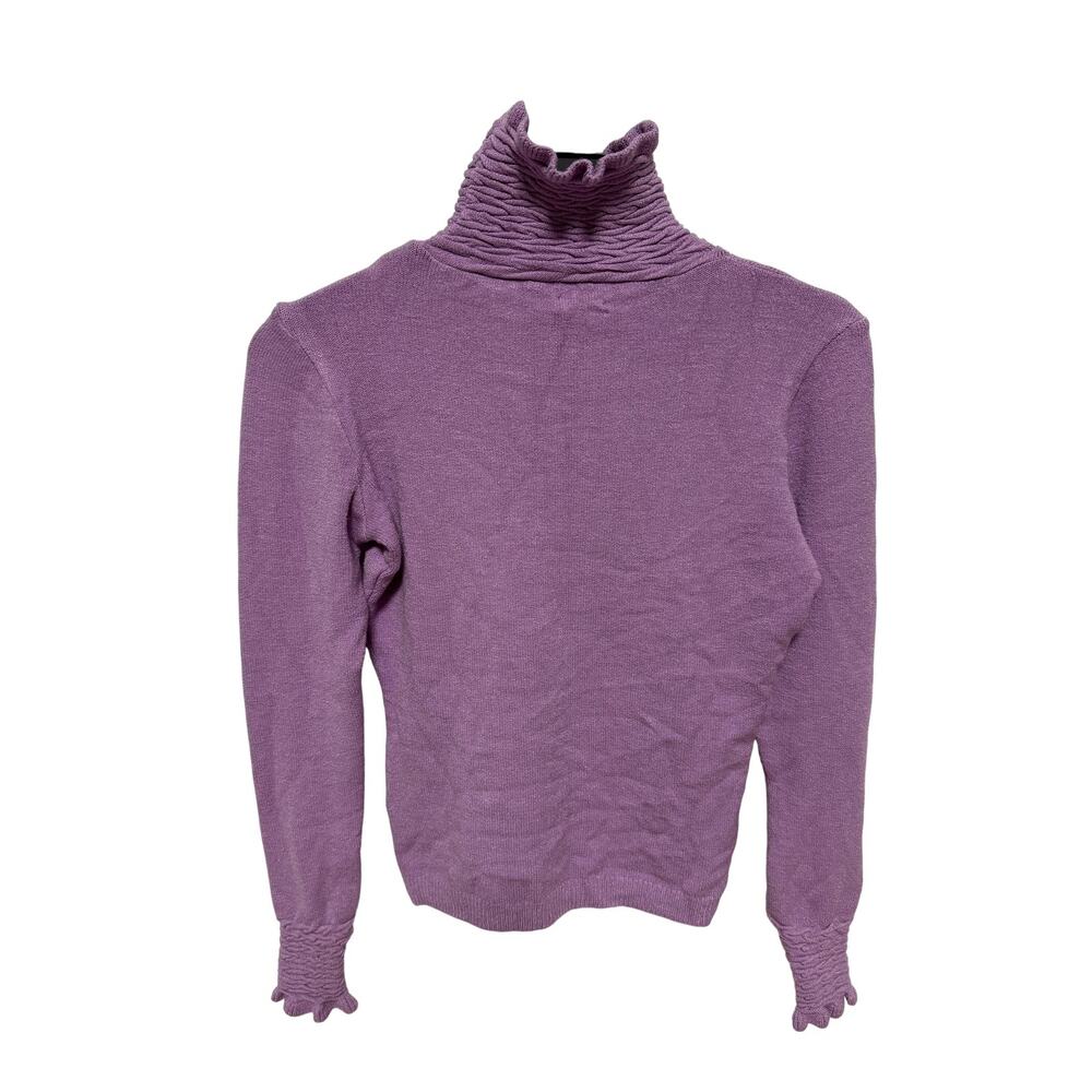 Cache Sweater Womens Medium Purple Ruched Turtleneck Ruffle Cuffs Knit Made USA